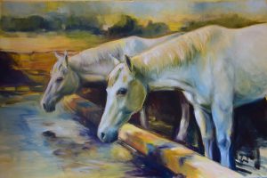 Pferde an einer Tränke / ca. 100cm x 150cm / 2024 / Oil on canvas / 2.500 €